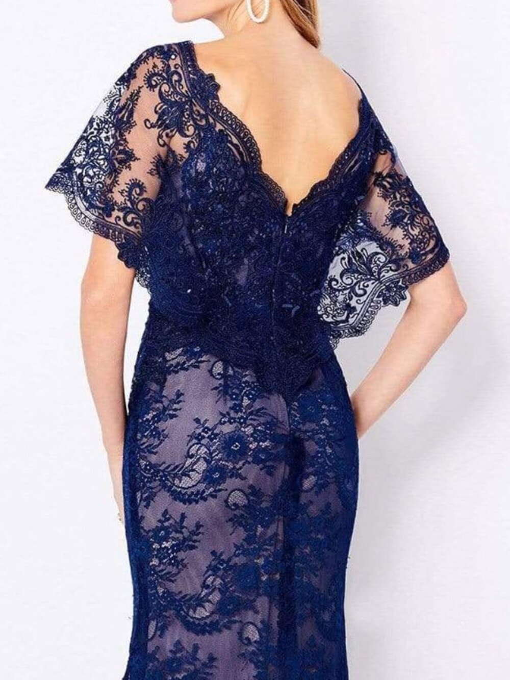 NWT Cameron Blake 221687 Mother of the Bride V-Neck Dress Navy Blue Nude Size 8 - Picture 4 of 6